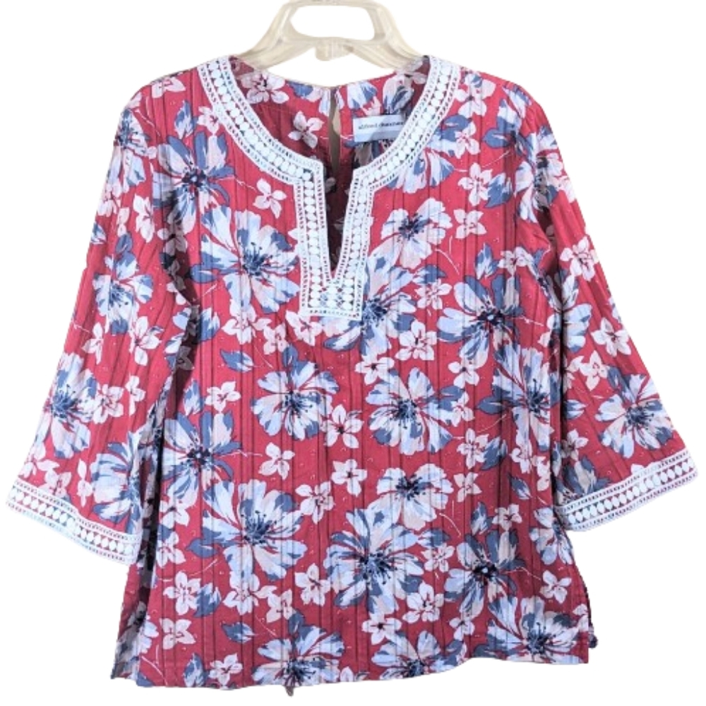Alfred Dunner Top Red Blue Floral Lace Boho Size 16P
